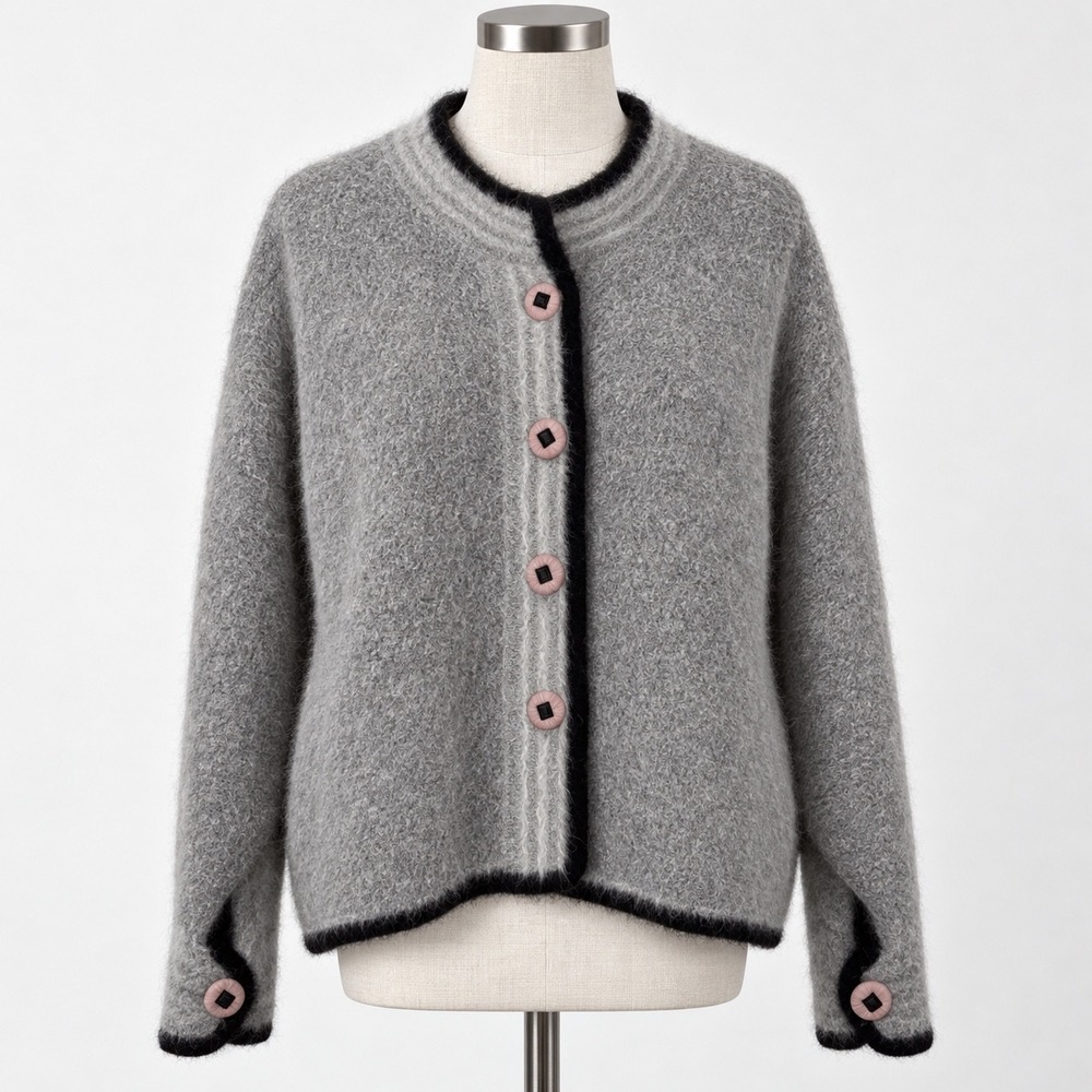Venesha Gray Angora Blend Fuzzy Cardigan Sweater Black Trim Pink Buttons Large